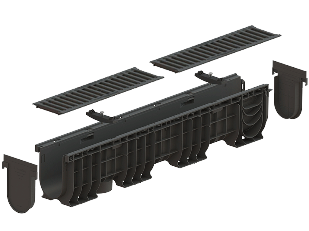 Rigolă din plastic BASE DN100 H200 cu grătare din fontă în fante clasa de sarcini C250